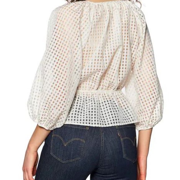 Levi’s White Delilah Wrap Top Puff Sleeve Sheer Windowpane Sugar Swizzle XS - Picture 3 of 7